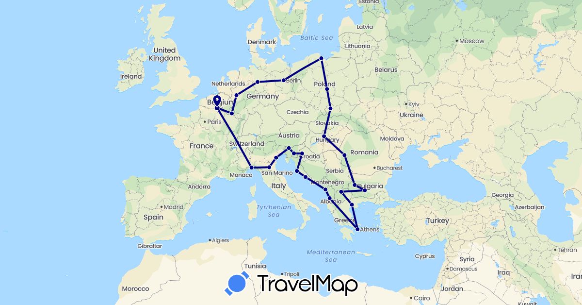 TravelMap itinerary: driving in Albania, Bulgaria, Germany, France, Greece, Croatia, Hungary, Italy, Luxembourg, Montenegro, Macedonia, Poland, Romania, Slovenia (Europe)